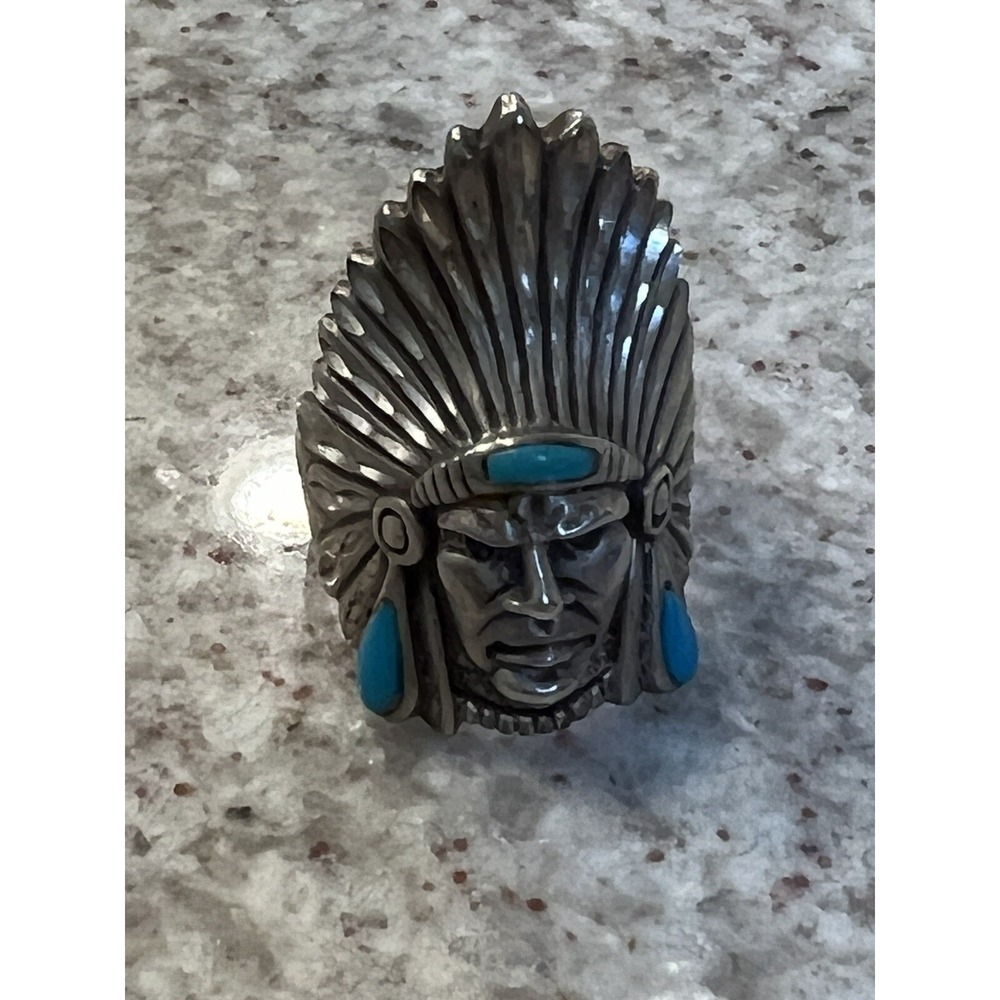 Ted Ott Sterling Silver Turquoise Native American Chief Head Ring 16g Sz 9/9.5